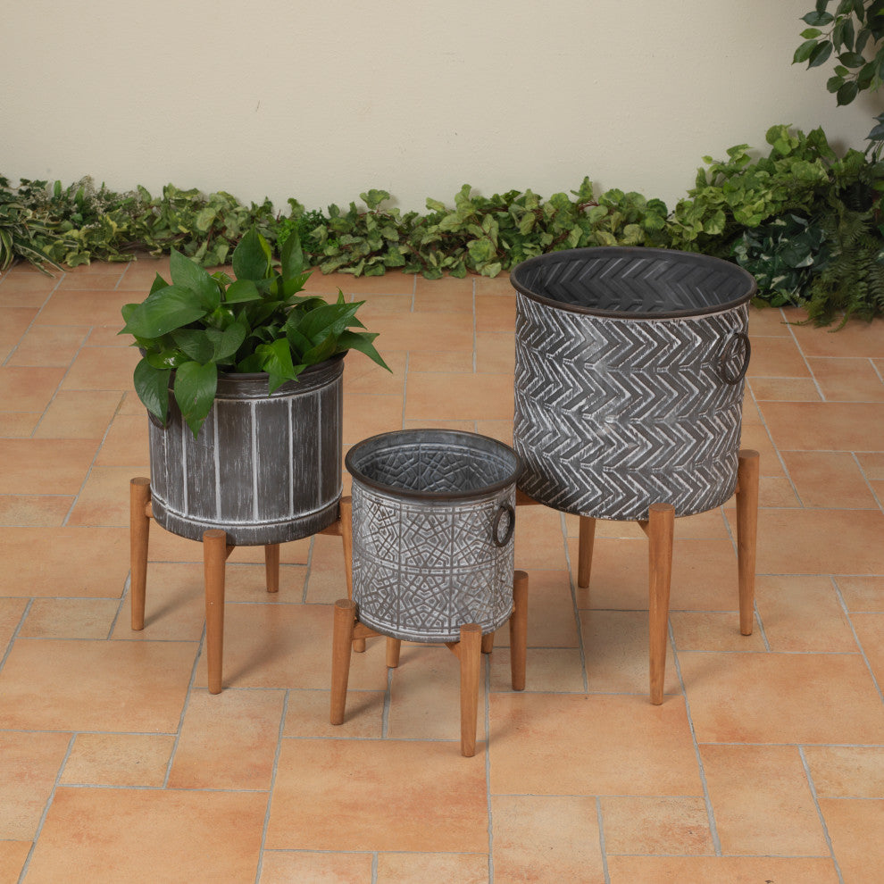 Set of 3, Assorted Metal Planters, Stands