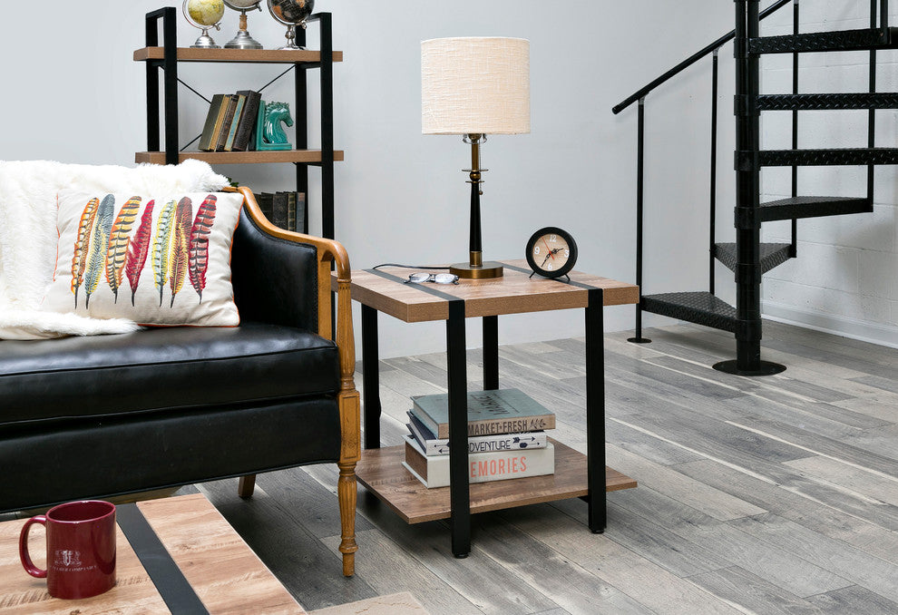 Bourbon Foundry End Table, Wood And Inset Black Steel