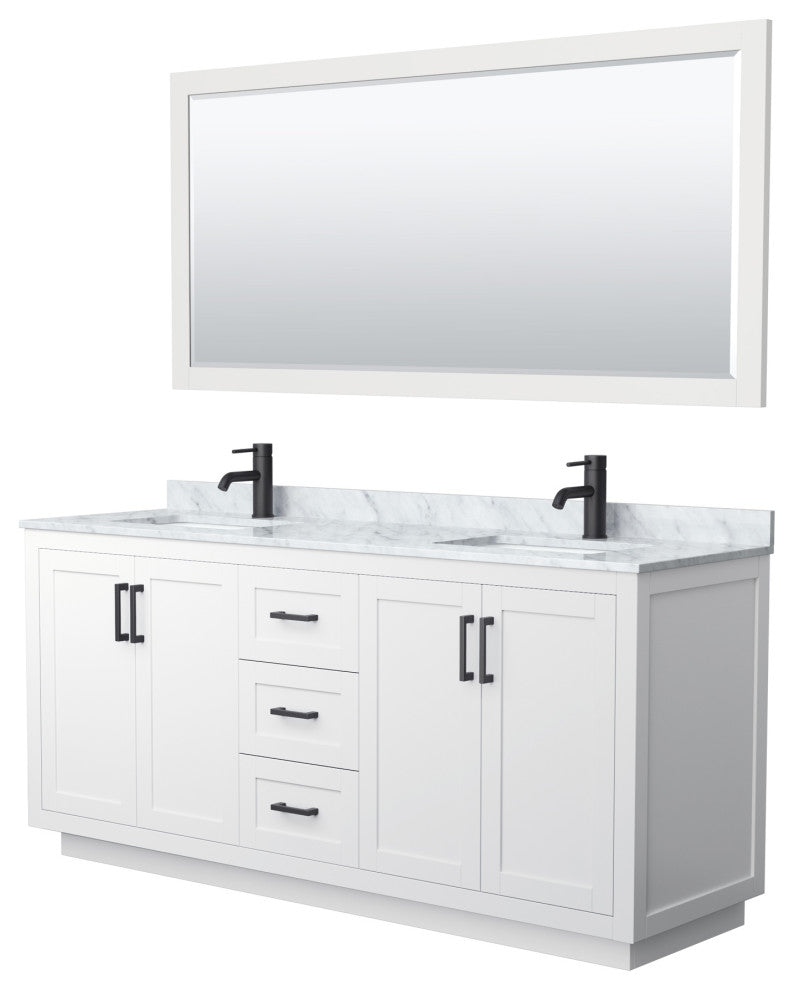 72"DBL Bathroom Vanity White, Carrara Countertop, Sinks, Black Trim, 70" Mirror