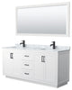 72"DBL Bathroom Vanity White, Carrara Countertop, Sinks, Black Trim, 70" Mirror