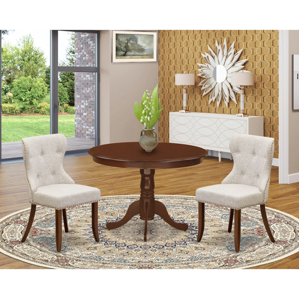 A Dining Set Of Two Parson Chairs, 42"Antique Wooden Table, Mahogany