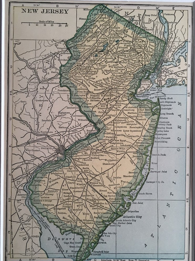 Vintage New Jersey  Map, Framed Original New Jersey State Map- Authentic 1920s