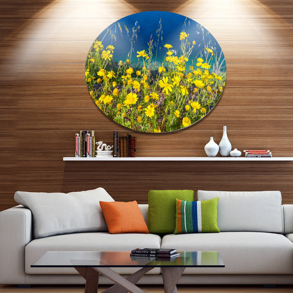 Wild Yellow Flowers Over Sea Coast, Flower Round Wall Art, 11"