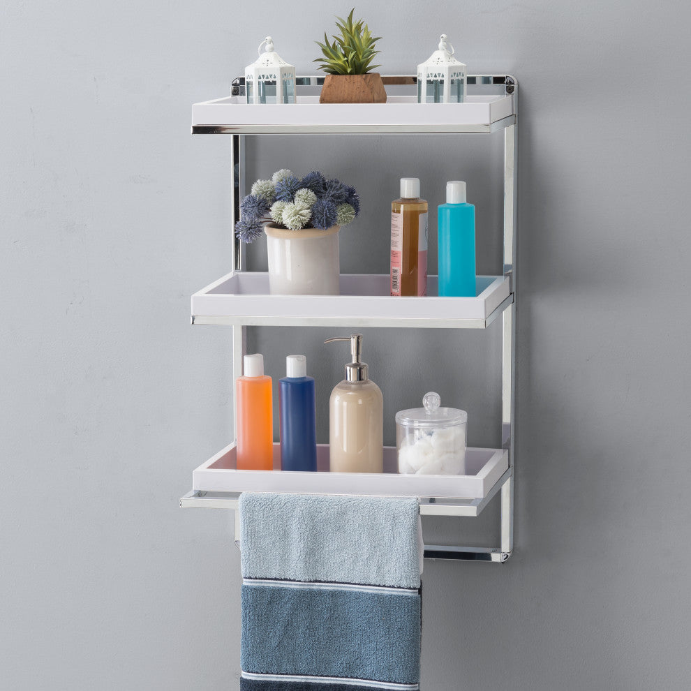 Wall Mount 3-Tier Bathroom Shelf With Towel Bar and Removable Trays