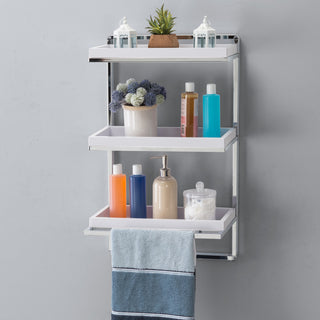 Wall Mount 3-Tier Bathroom Shelf With Towel Bar and Removable Trays