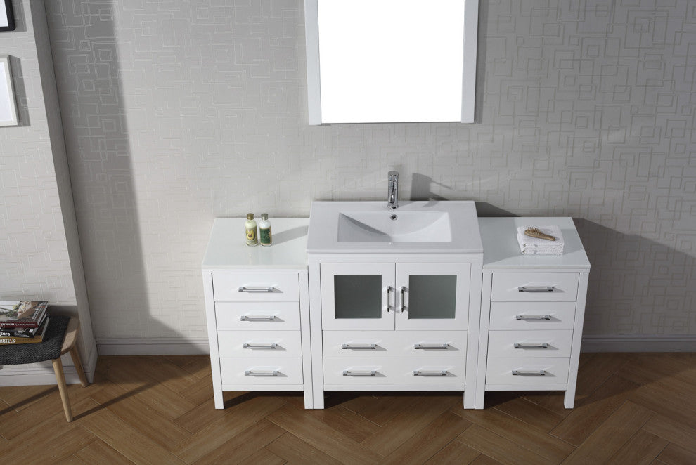 Dior 66" Single Bathroom Vanity, White, White Ceramic, Brushed Nickel Faucet