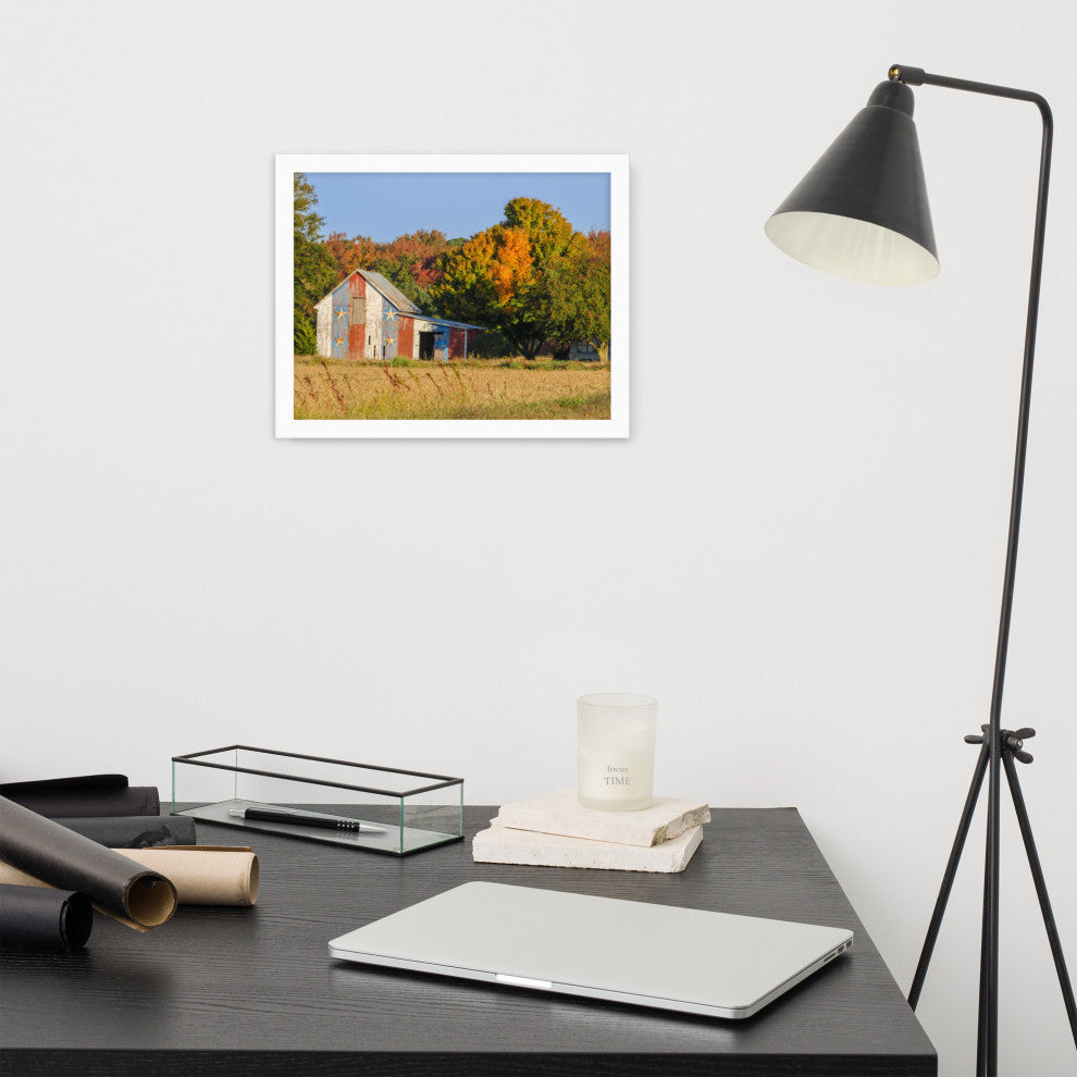 Patriotic Barn in Field Rural Landscape Framed Photo Paper Wall Art Prints, White, 11" X 14"