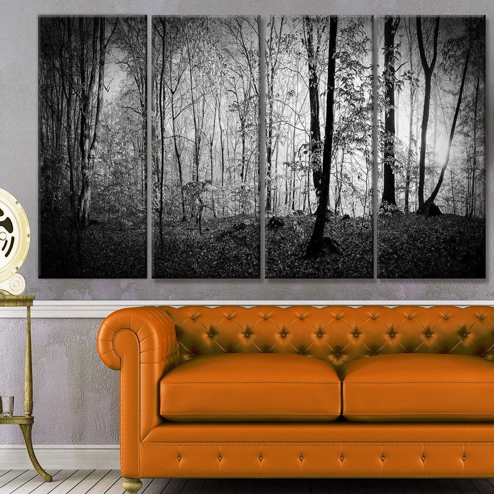 Morning in Thick Fall Forest, Landscape Canvas Art Print, 48"x28", 4 Panels