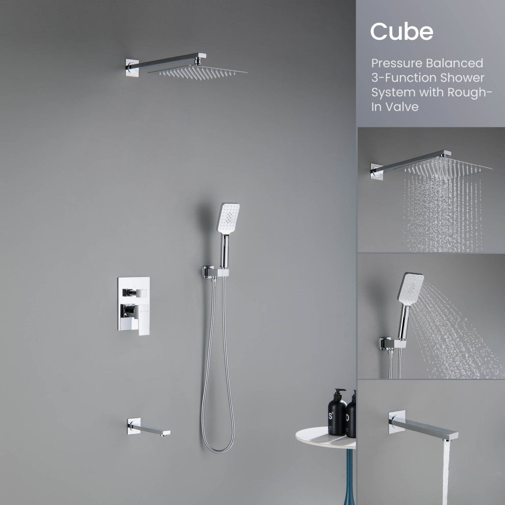 Cube Pressure 3-Function Shower System, Rough-In Valve, Chrome