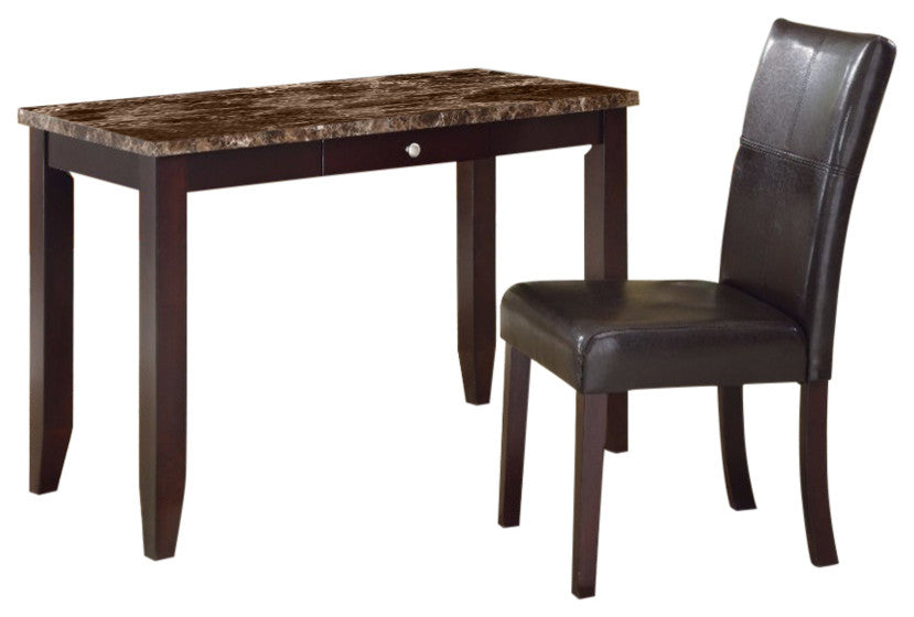 Desk and Chair, Faux Marble, Espresso Brown, 2 Piece Pack