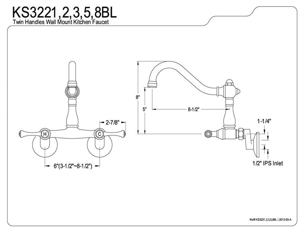 Polished Chrome Vintage Double Handle Wall Mount Kitchen Faucet KS3221BL