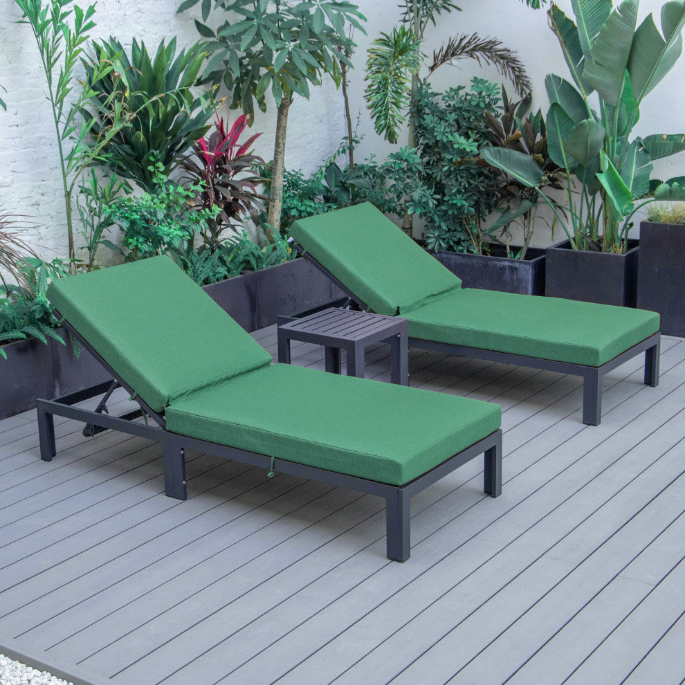LeisureMod 3-Piece Chelsea Chaise Lounge Chair Set With Side Table, Green