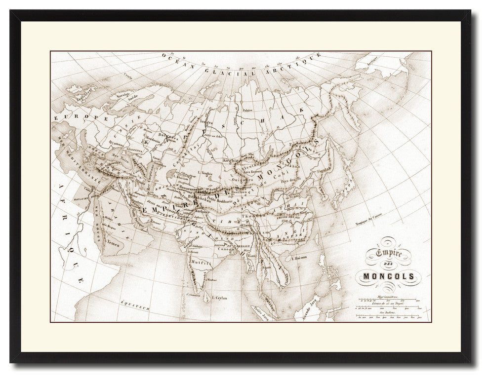 Mongolian Empire Asia Vintage Sepia Map Canvas Print, 28"x37"