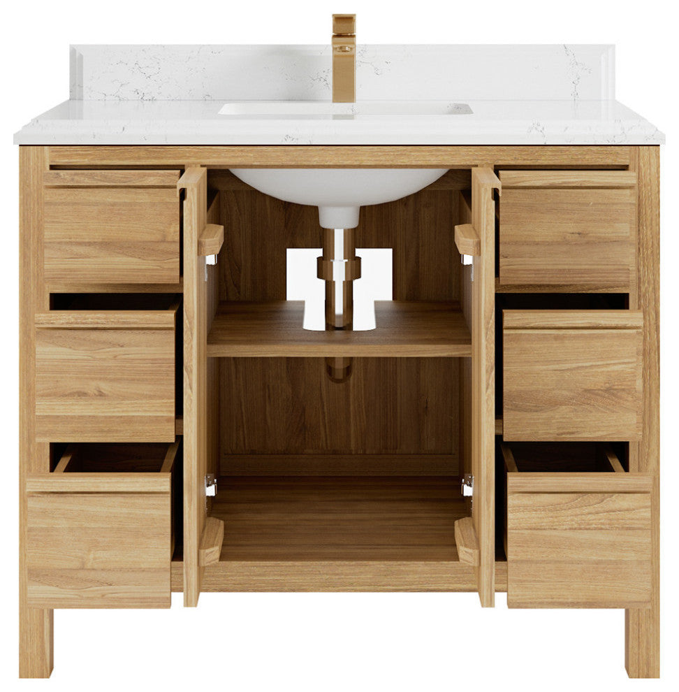 Elizabeth 42 Single Sink Bath Vanity in Light Natural Teak 1.5" Empira Quartz