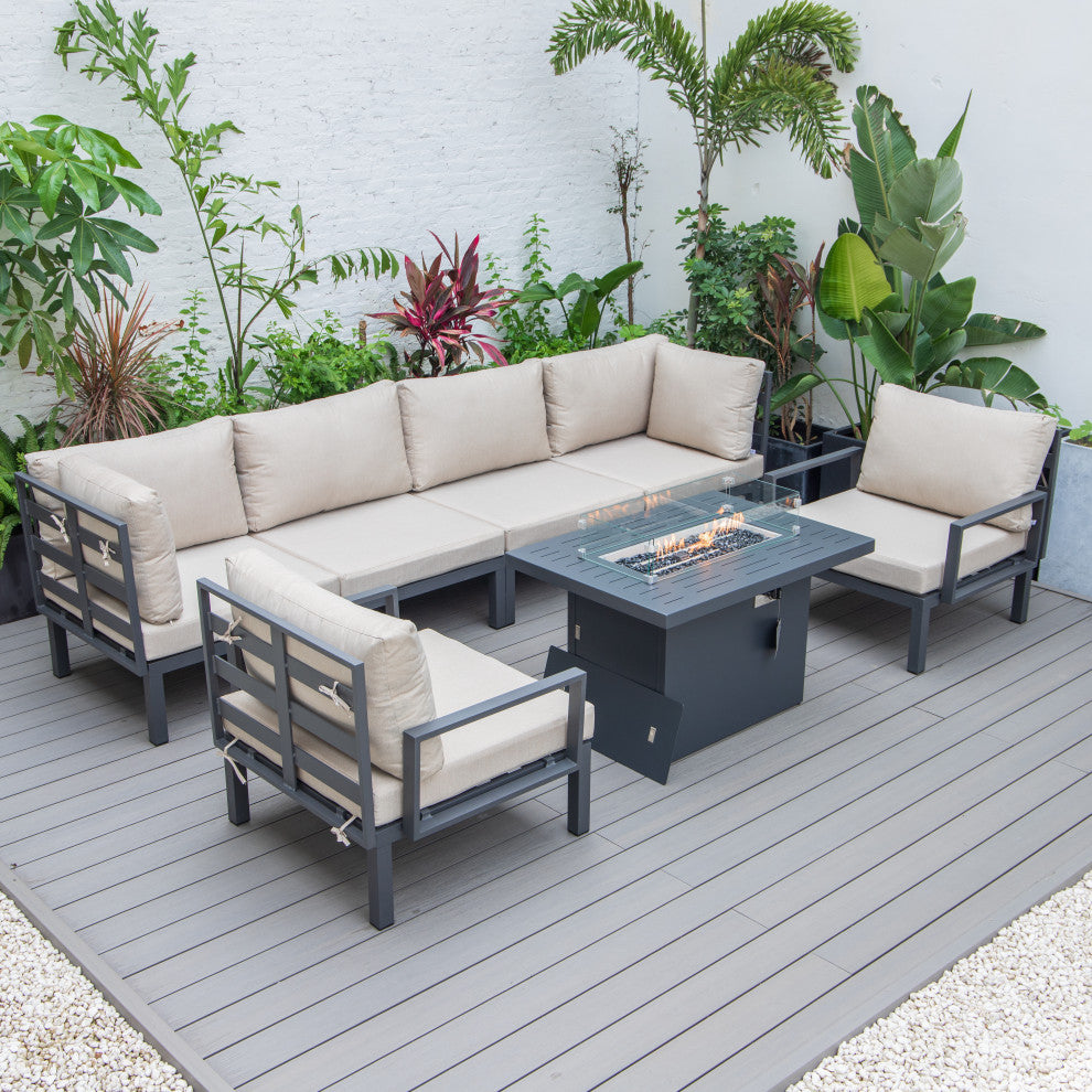 LeisureMod Hamilton 7-Piece Patio Sectional Set With Fire Pit Table, Beige