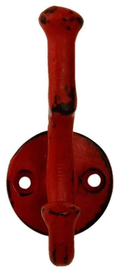 Set of Three Iron Wall Hooks, 3" Height, Distressed Red