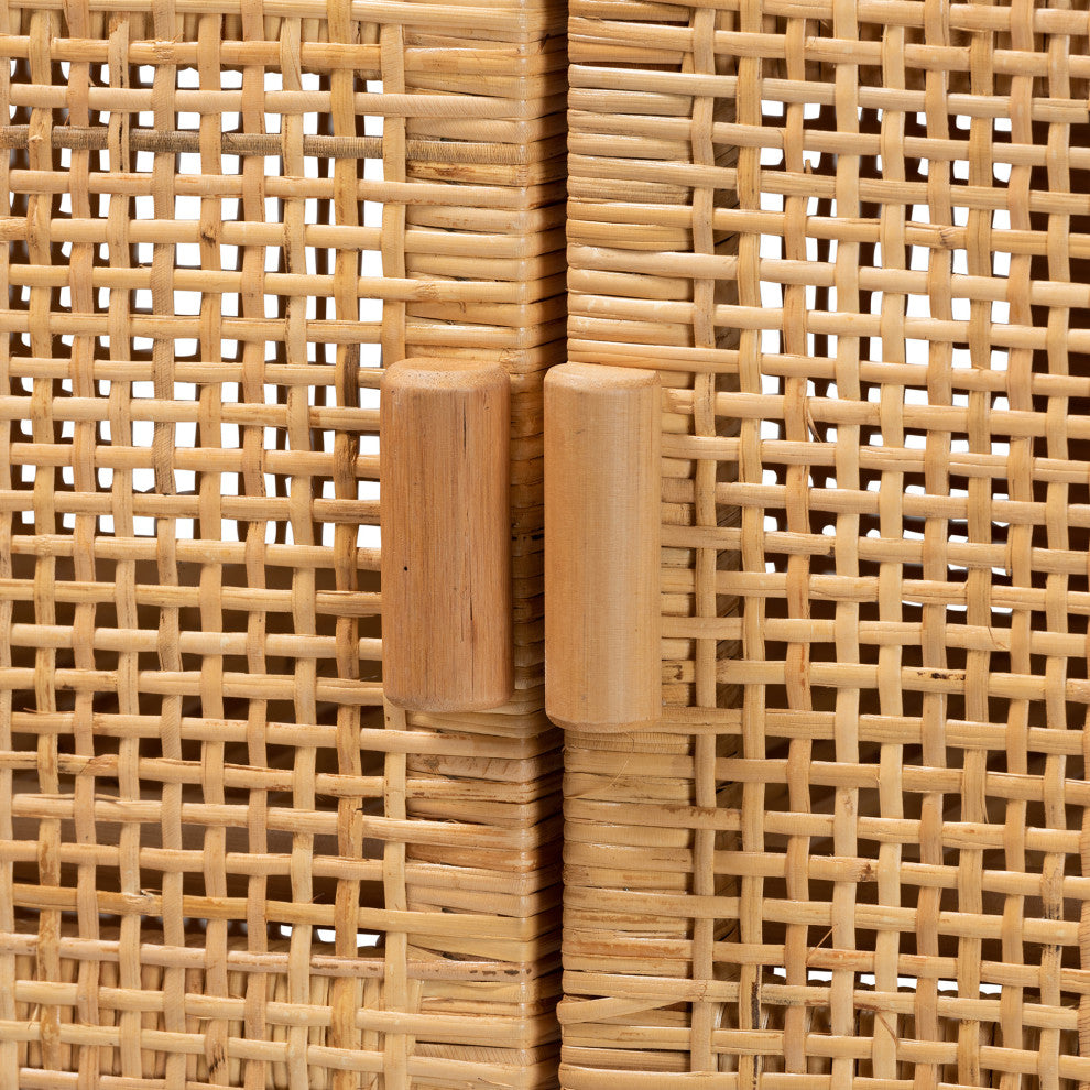 Vivan Bohemian Natural Brown Rattan and Mahogany Wood 3-Shelf Storage Cabinet