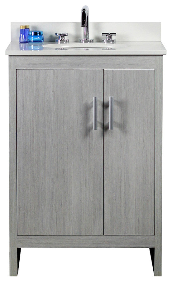 25" Single Vanity, Gray Pine Finish Top With Engineered Stone Top and Oval Sink