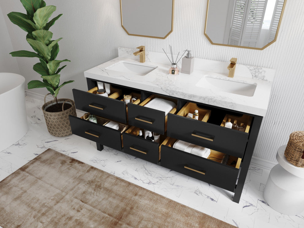Parker 60" Double Sink Bath Vanity, Black 2" Piatra Gray