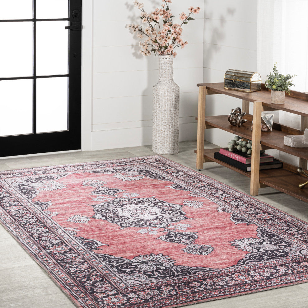 Bausch Distressed Chenille Washable Dark Pink/Black/White 5 ft. x 8 ft. Area Rug