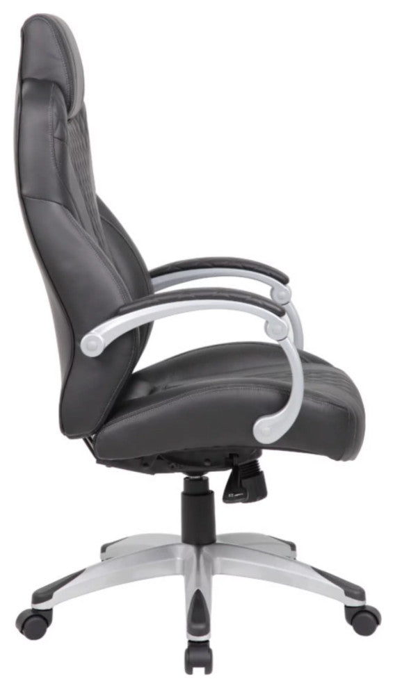 Contemporary Office Chair, Padded Faux Leather Seat With Headrest, Black/Silver