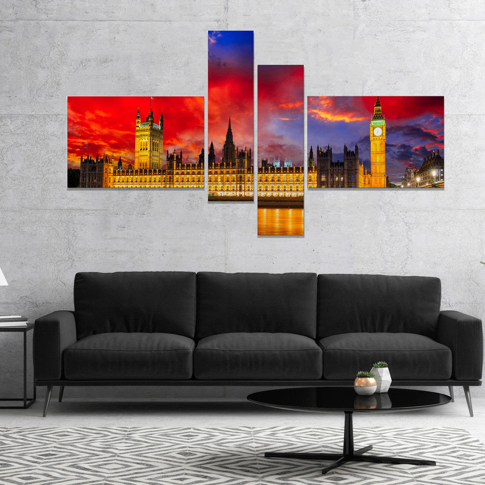 House of Parliament at River Thames, Cityscape Canvas Print, 60"x32", 4 panels