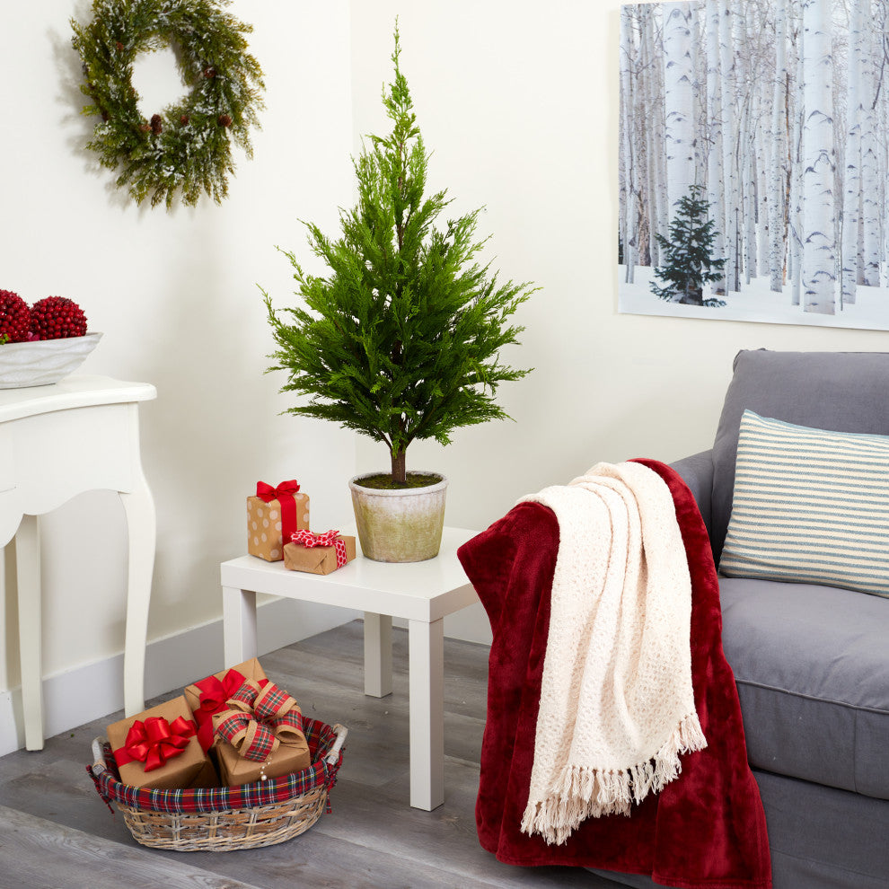 3.5' Cedar Pine Natural Look Artificial Tree, Decorative Planter