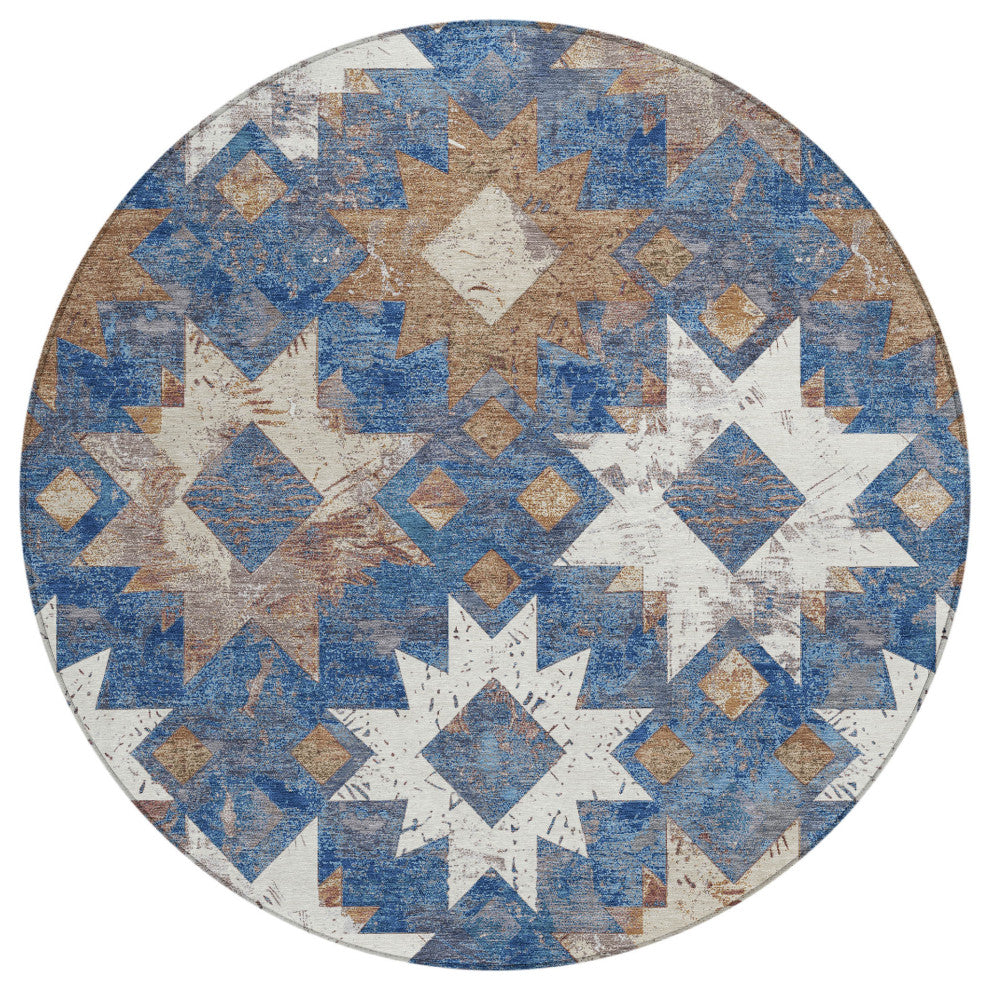 Machine Washable Indoor/Outdoor Chantille ACN1879 Blue 8' x 8' Round Rug