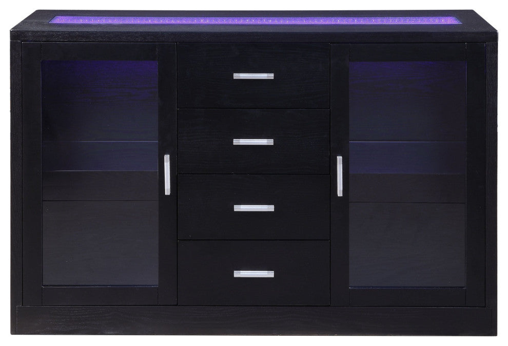 HomeRoots 18" X 52" X 34" Black Wood LED Glass Server