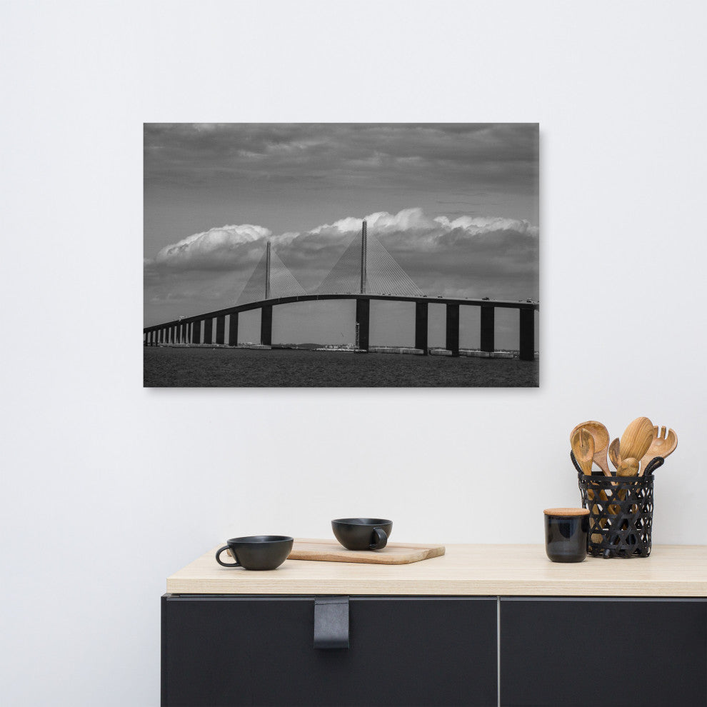 Skyway Bridge Black & White Landscape Photo Canvas Wall Art Print, 24" X 36"