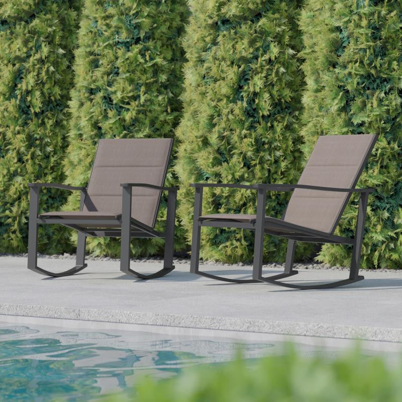 Set of 2 Outdoor Rocking Chairs with Flex Comfort Material and Metal Frame, Brown/Black