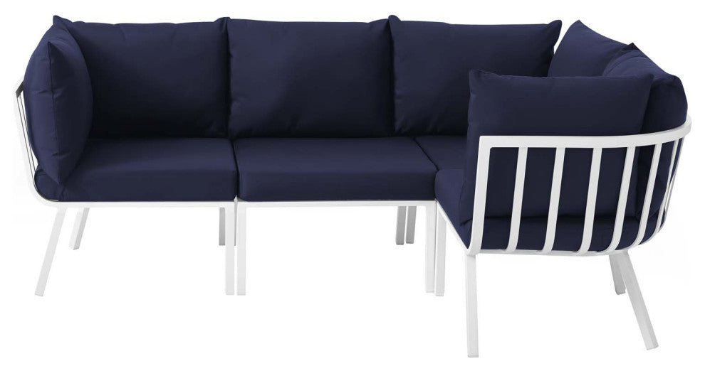Lounge Sectional Sofa Chair Set, Aluminum, Metal, White Blue Navy, Outdoor