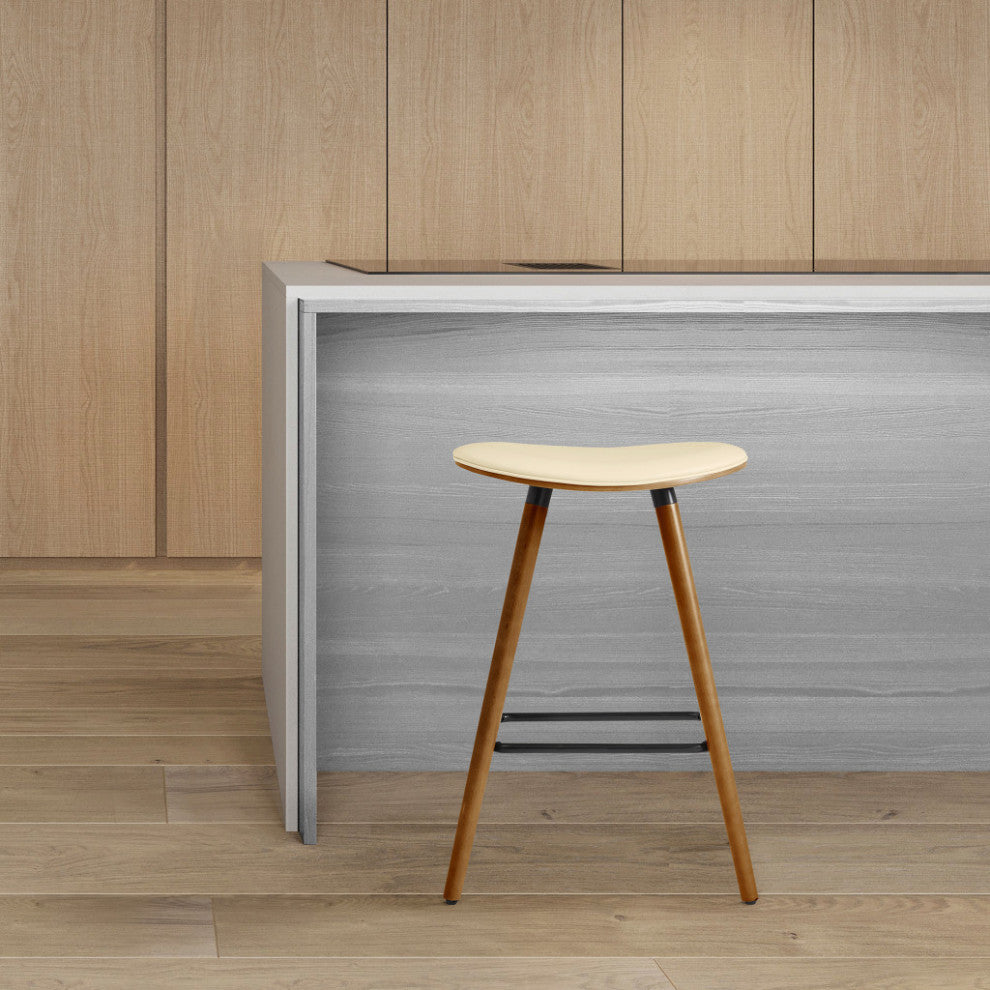 26" Cream Faux Leather Backless Wooden Bar Stool