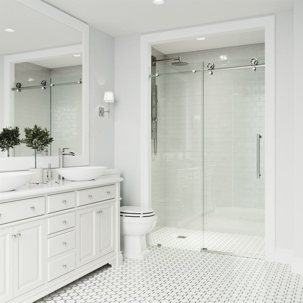 VIGO Elan Cass Aerodynamic 60" to 64" W x 76" H Frameless Sliding Shower Door, Stainless Steel, Clear Glass
