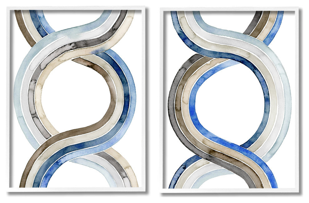 Two Dimensional Spiral Helix Brown Blue Abstract Lines,2pc, each 11 x 14