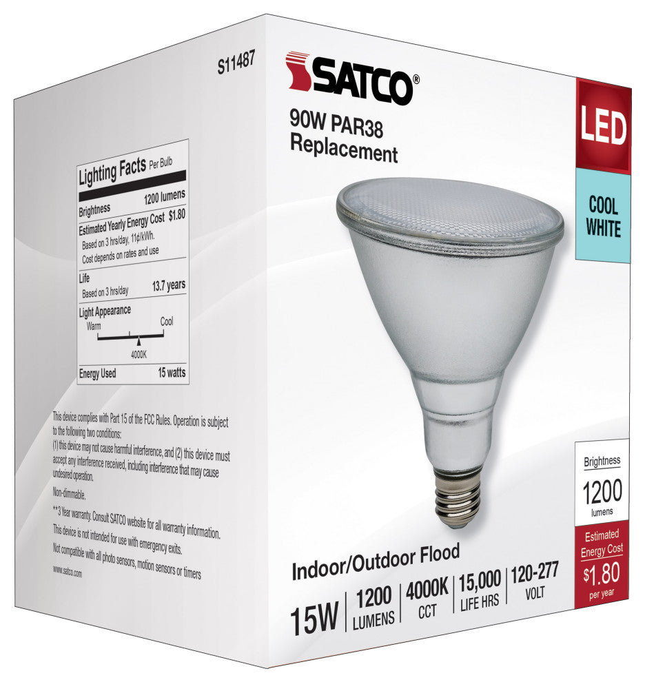 15W PAR38 LED, 4000K, Medium Base, 120-277V, 90 CRI