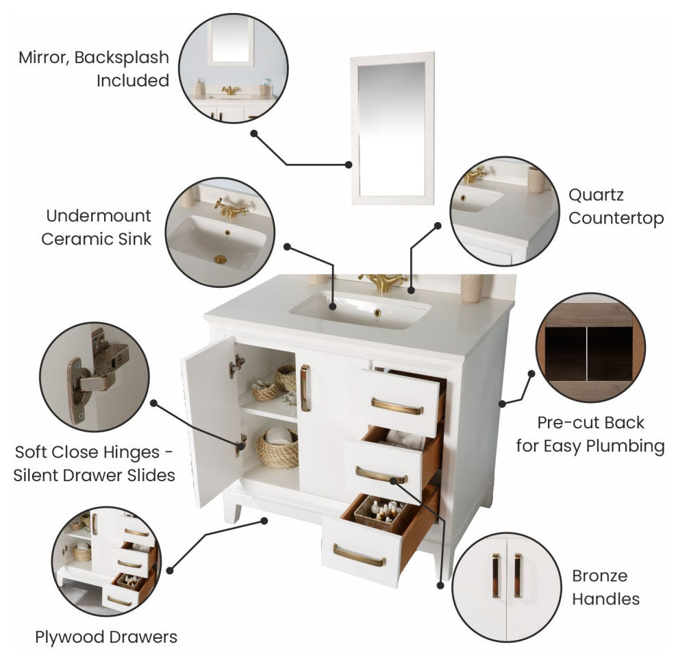 Fabia Collection 36" Bathroom Vanity With Sink, Mirror, Countertop, White
