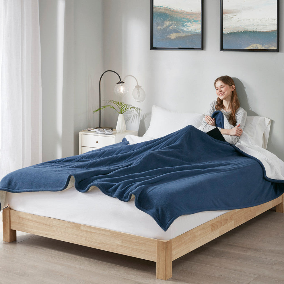 Serta Fleece to Sherpa Heated Fleece and Sherpa Bedding Blanket, Blue