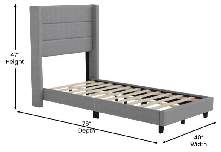 Hollis Upholstered Platform Bed with Wingback Headboard w/Mattress Foundation, Gray, Twin