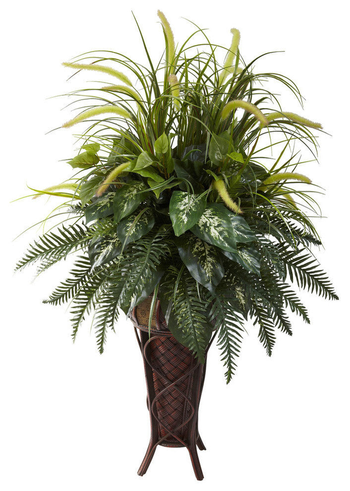 Mixed Greens and Cattails With Stand Planter