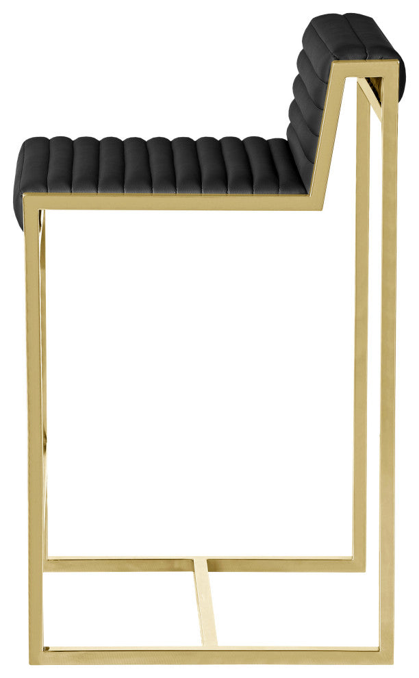 Giza Counter Stool, Brushed Gold Counter Stool, Faux Leather Ribbed Seat, Black