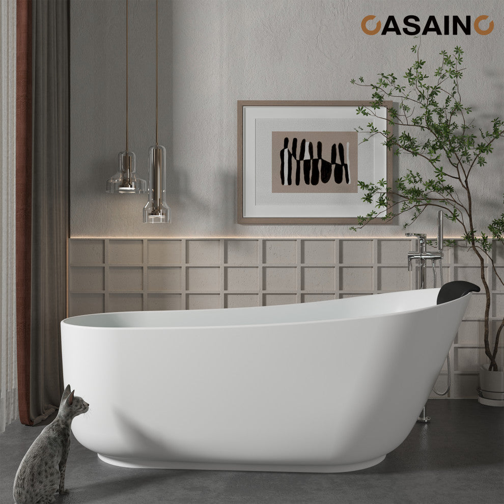59in White Solid Surface Freestanding Soaking Bathtub with Drain, 59in