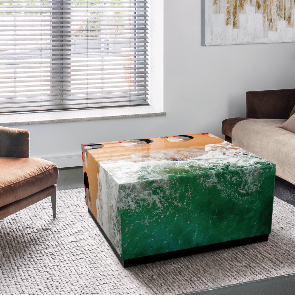 "Beach Bliss I" Reverse Printed Art Glass Cocktail Table with Black Plinth Base