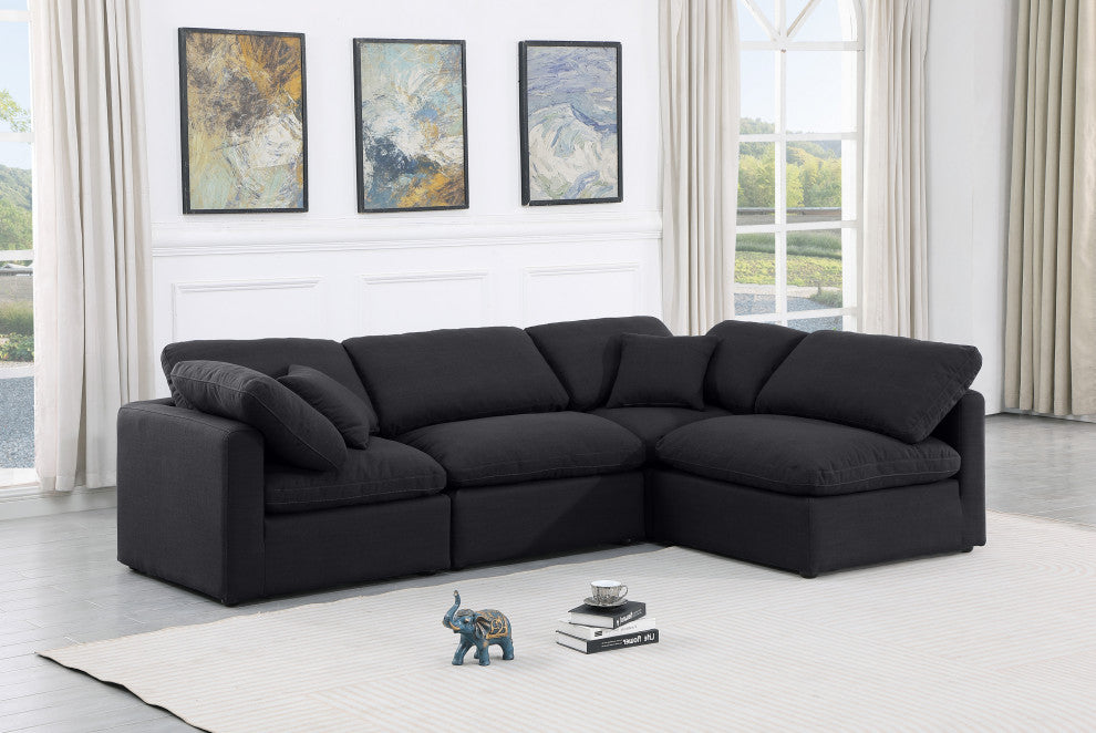 Indulge Upholstered Modular L-Shaped Sectional, Black, 4-Piece: 2 Armless Chair, 2 Corner Chair, Down Stuffed Linen Textured Fabric