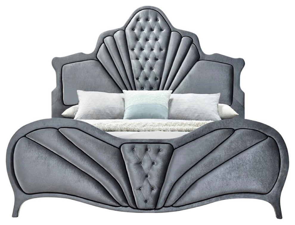 Manchester York Style Headboard Platform Bed, Gray Velvet, King