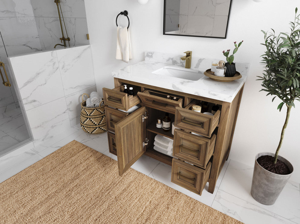 Santa Monica 42 Single Sink Bath Vanity in Graywashed Teak 2" Carrara Marble