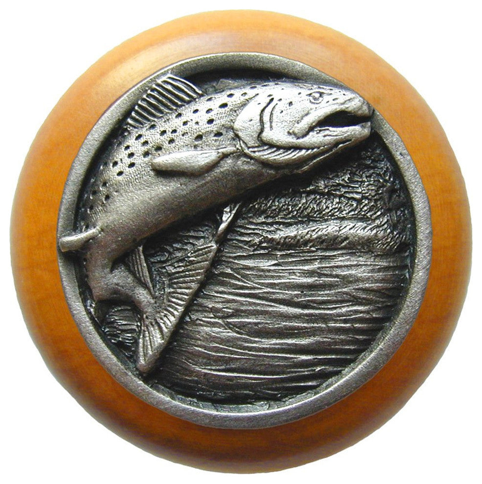 Leaping-Trout Maple Wood Knob, Antique-Style Pewter