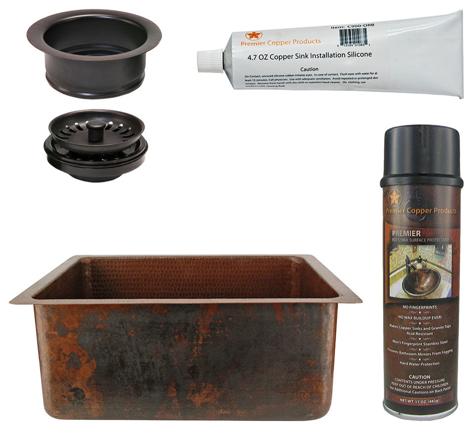 20" Hammered Copper Kitchen/Bar/Prep Single Basin Sink, Drain & Accessories