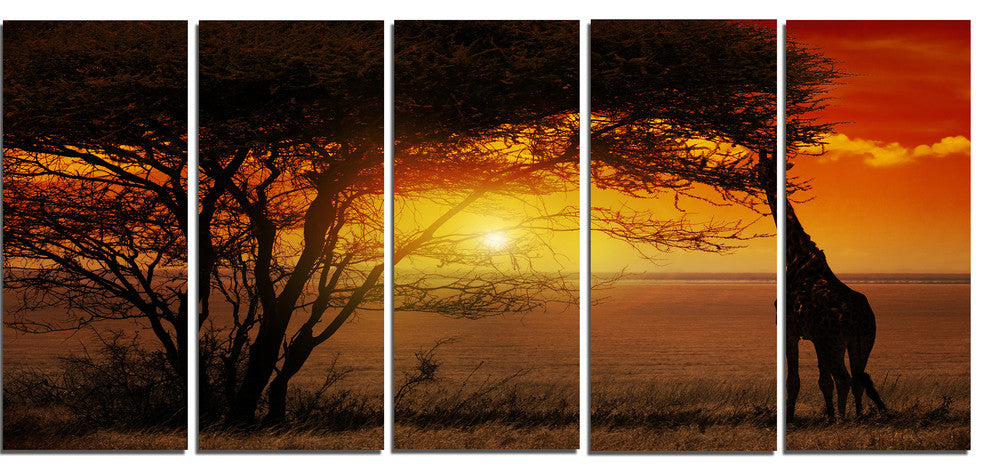 Typical African Sunset with Giraffe, Landscape Canvas Art, 60"x28", 5 Panels