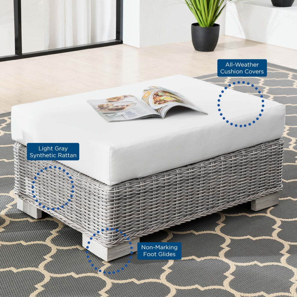 Conway Outdoor Patio Wicker Rattan Ottoman Light Gray White